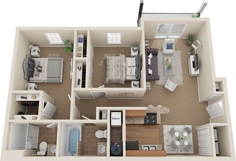 Floor plan for 2 beds, 2 baths, 933 sqft